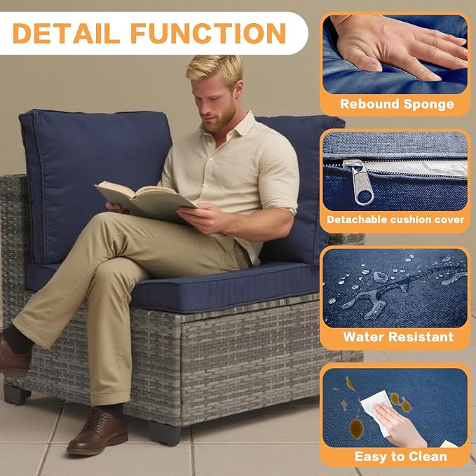 MOCHITO 7 Pcs Outdoor Patio Furniture Sets Grey Rattan Blue Cushions | All-Weather Sectional Sofa, with Glass Table, PE Rattan Wicker Patio Furniture , Washable Cushions, for Balcony Porch Garden