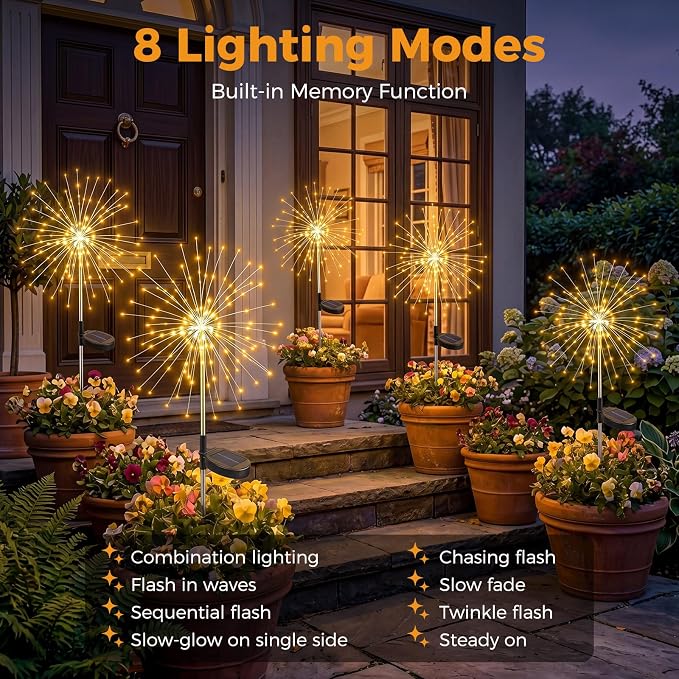 btfarm 6 Pack Solar Garden Lights Outdoor, 8 Modes Firework Lights Outside | 120LED, Waterproof Fairy Twinkle Light Solar Powered for Yard Christmas Pathway Lawn Pool Patio Decorative, Warm White