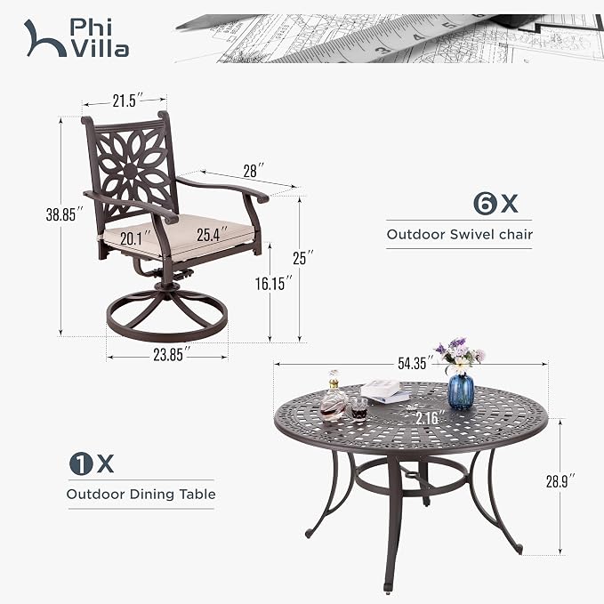 PHI VILLA Patio Dining Set, Swivel Chairs, 54" Round Cast Aluminum Table | Cast Aluminum chairs, Bronze (Swivel Chairs), 2.1 umbrella hole, 360° swivel, rocking, Cushions, E-coated