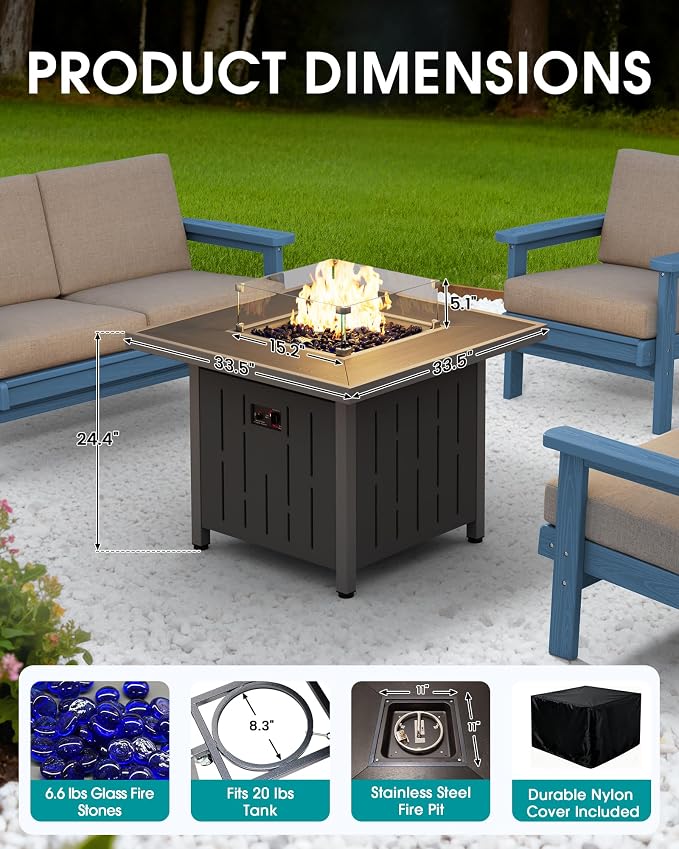 SERWALL Patio Furniture Set with 33” Fire Pit Table, HDPE Outdoor Sectional Sofa Set with Thickened Cushions, Black Frame with Khaki Cushions