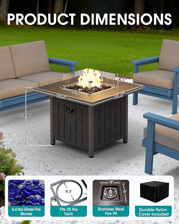 SERWALL Patio Furniture Set with 33” Fire Pit Table, HDPE Outdoor Sectional Sofa Set with Thickened Cushions, Grey Frame with Grey Cushions