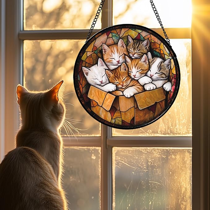 Stained Glass Window Hanging 6 Cute Kittens 9.8" - Cat Gift Suncatcher Door Sun Catcher Decor Birthday Christmas for Lost Pets Mom Men Woman Friend