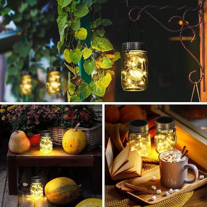 GIGALUMI Hanging Mason Jar Solar Lights, 6 Pack 30 Led Hanging Lantern | Solar Lanterns Outdoor Waterproof, Hangers and Jars Included, Outdoor Decor for Balcony, Garden, Patio, Yard, Wedding