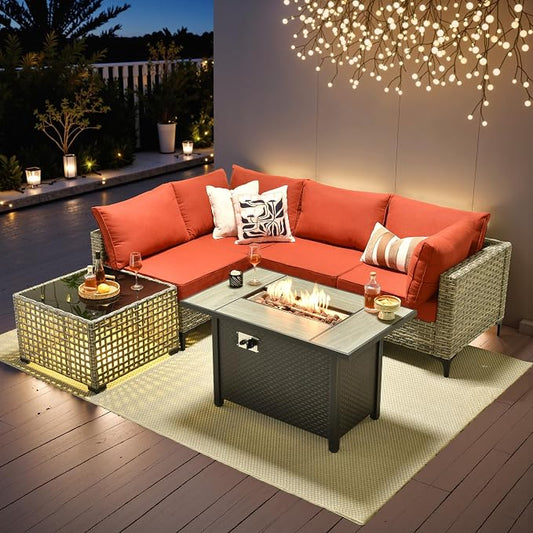 Outdoor Patio Furniture Sets,6 PCS Patio Conversation Set Outside Rattan Sectional Sofa with 42 in Fire Pit Table&Coffee Table Fit Backyard Porch Garden Poolside Balcony