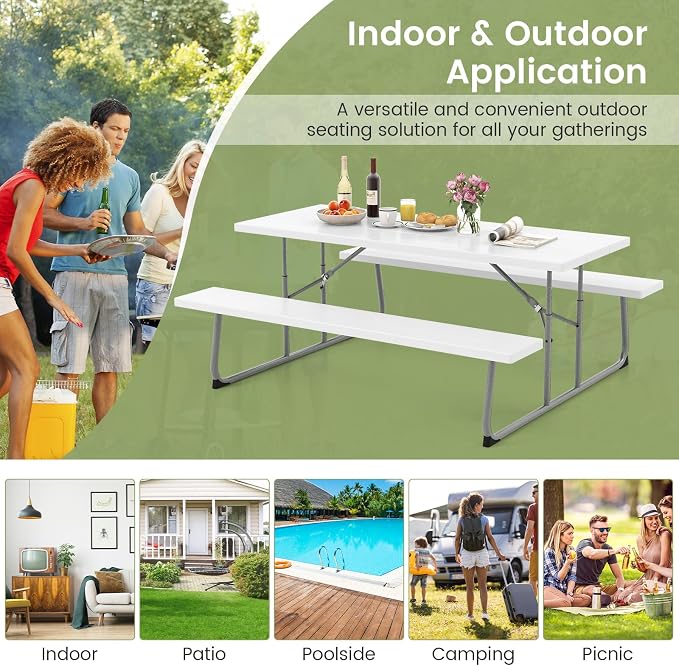 Giantex Folding Picnic Table - 6 FT Outdoor Table Bench Set for 8 Persons w/All-Weather HDPE Tabletop, Metal Leg, Umbrella Hole, Large Outside Dining Table for Patio Garden Yard Poolside (White)