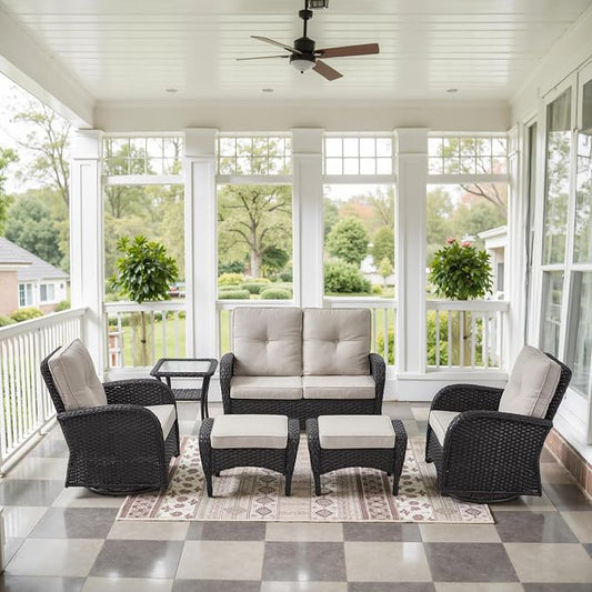 Belord 6 Pieces Wicker Patio Conversation Sets with Outdoor Swivel Rocker Chairs and Loveseat Glider Chair, All-Weather Rattan Furniture Set for Deck Patio Sunroom Backyard Black
