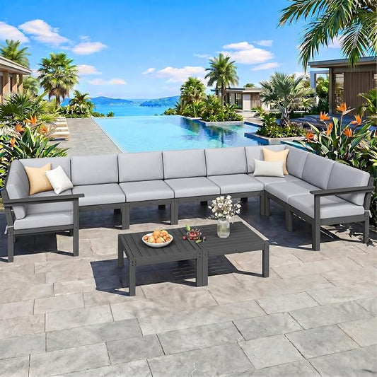 Modular Outdoor Patio Conversation Set, 11-Piece U-Shaped Sectional Sofa Set with Coffee Tables & Thick Cushions, Easy Side Interlock, HIPS All-Weather Patio Furniture Set for Backyard, Deck, Poolside
