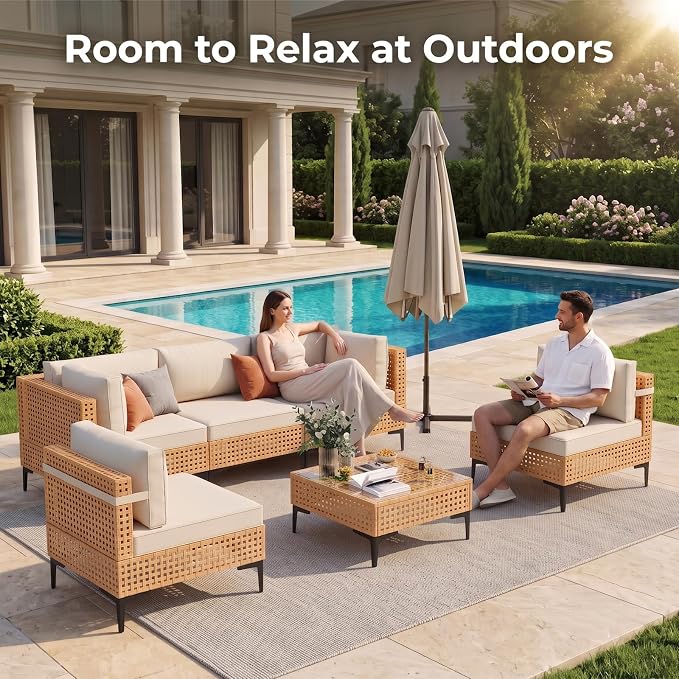 ABCASA Patio Furniture Set, 110" Large 7-Piece Wicker Outdoor Patio Furniture Sets with Non-Slip Cushions & Coffee Table,Boho Patio Conversation Set Sectional Sofa for Backyard,Porch,Beige
