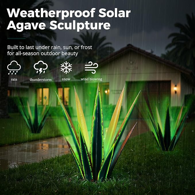 KODIBO Large Metal Agave Plant Outdoor Decor with Solar Light, Vintage Green