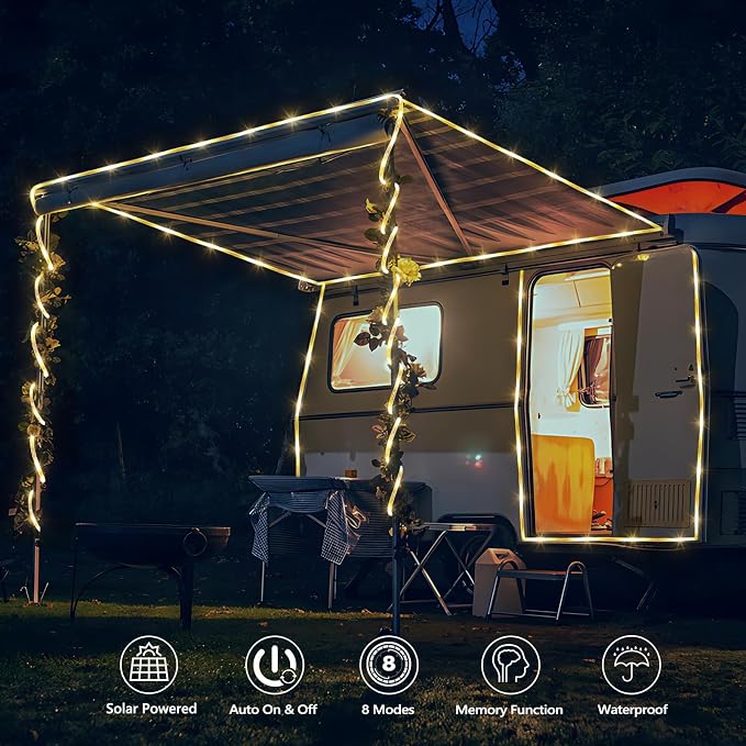 Solar Rope Lights, 2 Packs Total 132ft 400LED Solar String Lights, 8 Modes Waterproof Solar Outdoor Light, Flexible Clear Trampoline Light for Garden Backyard Patio Deck Pool Tree Decor - Warm White