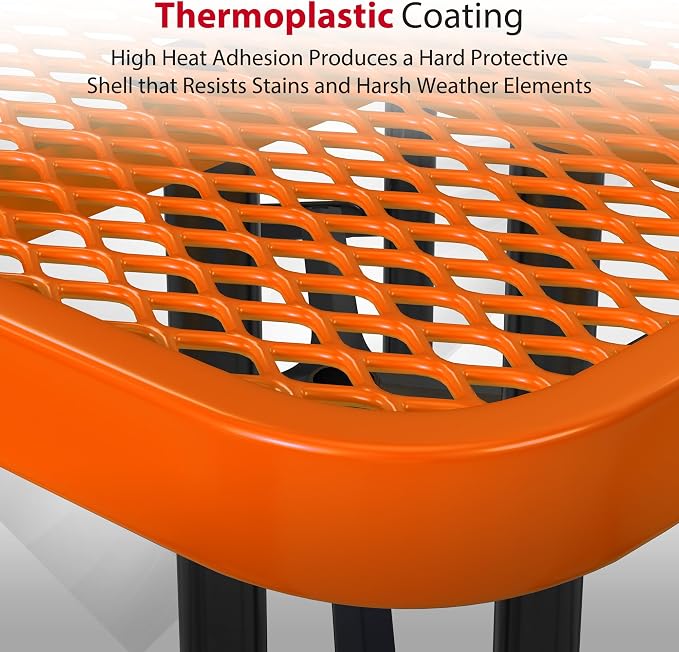 Leisure Craft Metal Picnic Table with Bench - 46" Square Outdoor Dining Table for 8 with Umbrella Hole, Weatherproof Heavy Duty Thermoplastic Coating, Commercial Grade Furniture Made in USA - Orange