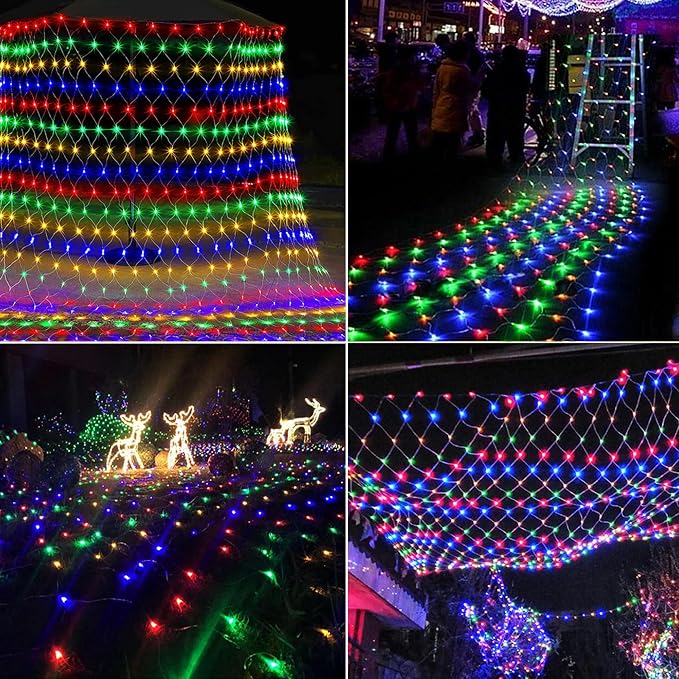 LJLNION Christmas Net Lights, 360 LED 12ft x 5ft Connectable Mesh Fairy String Lights,8 Modes Low Voltage Safe Adaptor for Xmas Trees, Bushes, Wedding, Outdoor Garden Decorations, Multicolor