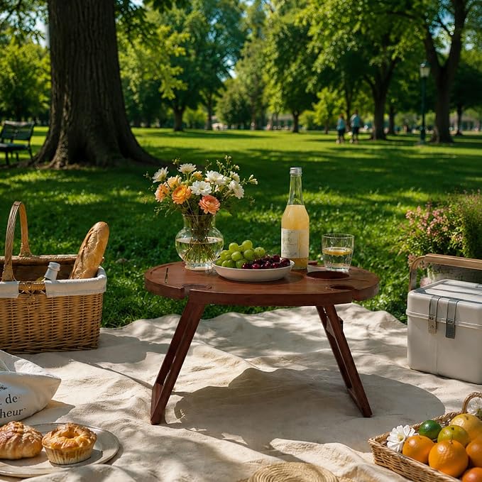 Portable Wine Picnic Table with 4 Glass Holders, Foldable Bamboo Outdoor Snack Table with Cheese Knife Set & Storage Bag, Low Picnic Tray for Camping, Grass, Beach, Romantic Date (Brown)