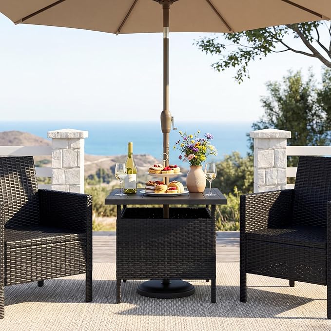 LDAILY Patio Table Umbrella, Outdoor Table with Umbrella Hole, Rattan Patio Side Table with Steel Umbrella Hole, HDPE Desktop & Metal Frame for Deck Garden Poolside Backyard Balcony (Black)