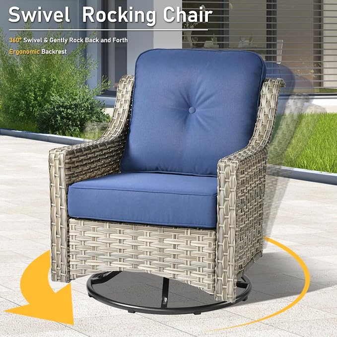 HOOOWOOO 6 Piece Patio Furniture Conversation Sets with Swivel Rocking Chairs,Outdoor Wicker Furniture with Ottoman,All Weather Resistant High Back Rattan Conversational Set(Navy Blue)