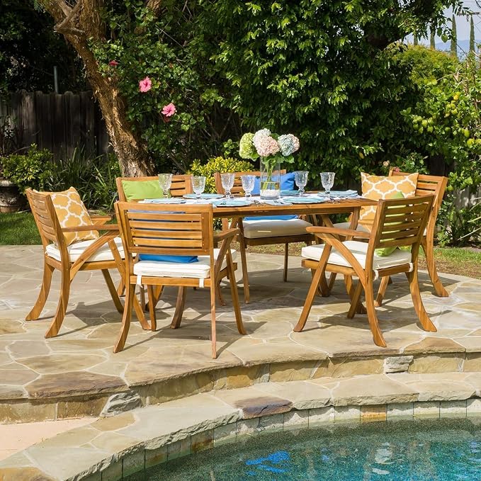 Merax 7 Piece Outdoor Dining Set for 6, Hermosa Acacia Wood Teak Finish Rectangle Table and 6 Chairs with Beige Cushion