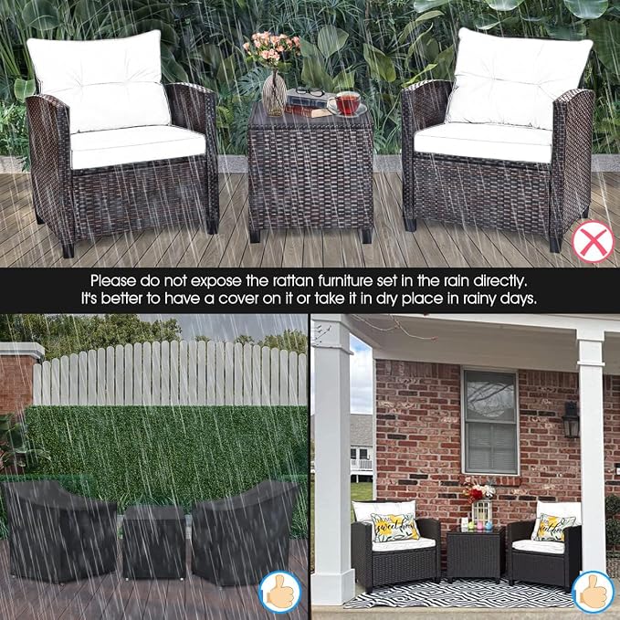 DORTALA Wicker Patio Furniture Set 3 Piece, Outdoor Table and Chairs with Tempered Glass Tabletop, Cushions, Small Rattan Conversation Sofa Set for Balcony, Porch, Backyard, Deck, Beige