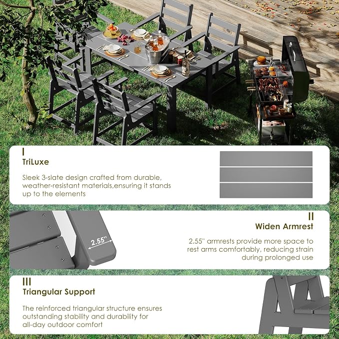 GREENVINES 7 Piece HDPE Outdoor Patio Dining Set, Removable Armrests, Gray