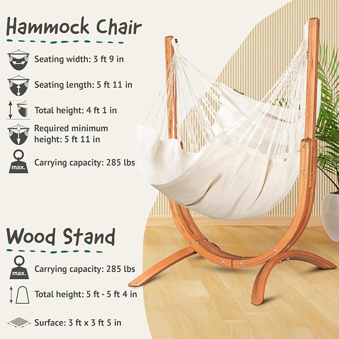 LA SIESTA Udine Indoor Hammock Chair Set with freestanding Wooden Stand, Double-Size, GOTS Organic Cotton Chair with FSC-Certified Eucalyptus Wood Stand - Latte