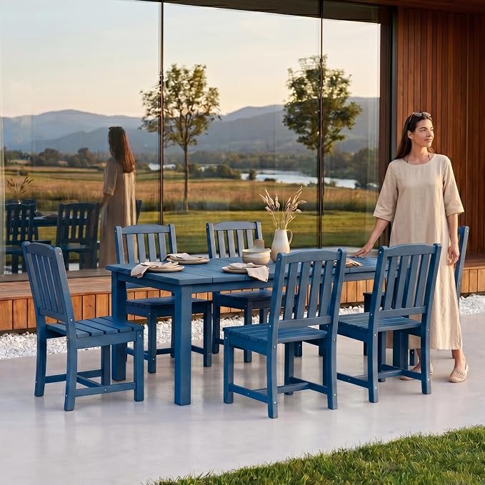 Perli™ 7-Piece Outdoor Dining Set, All-Weather HDPE Patio Table and 6 Chairs with Umbrella Hole, UV-Resistant Composite Wood Dining Furniture for Deck, Backyard, Poolside, Blue