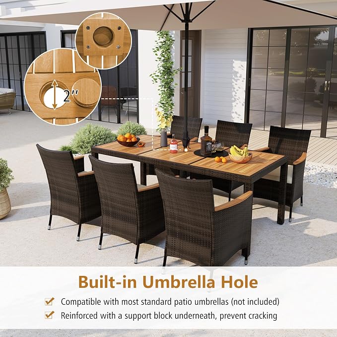 LDAILE Wicker Dining Sets Outdoor Patio, Dining Table Set for 8 Person, Table and Chairs Set with Acacia Wood & Water Resistant Cushions for Backyard Garden, Deuba Brown