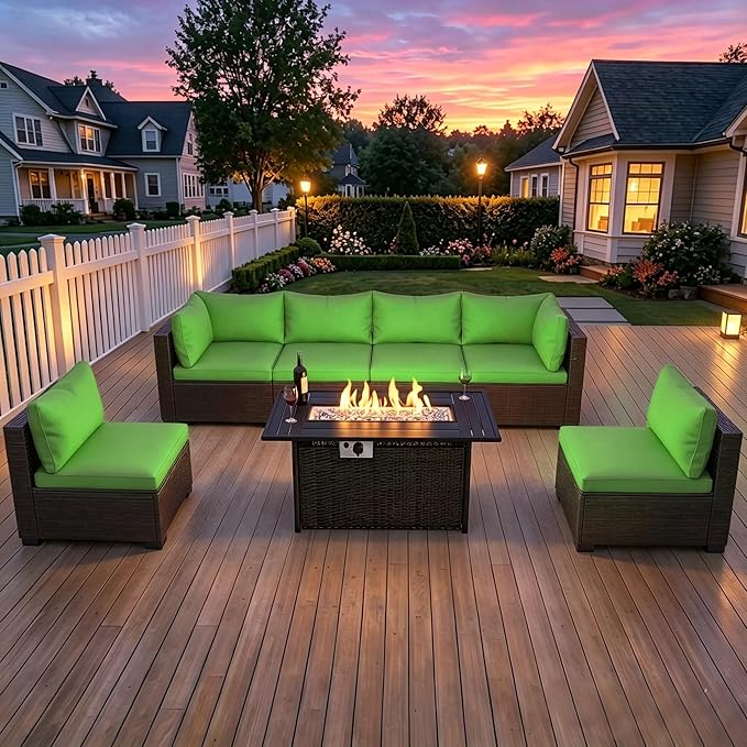 LEVELEVE 8-Piece Wicker Patio Conversation Set with 44" Propane Fire Pit Table, Cozy Outdoor Sectional Sofa for Backyard Gatherings, Poolside Lounging & Garden Parties