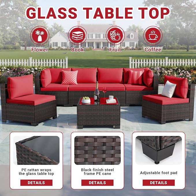 LAFWLL 7 Pieces Outdoor Patio Furniture Sets,Rattan Conversation Sectional Set,Manual Weaving Wicker Patio Sofa with Tea Table