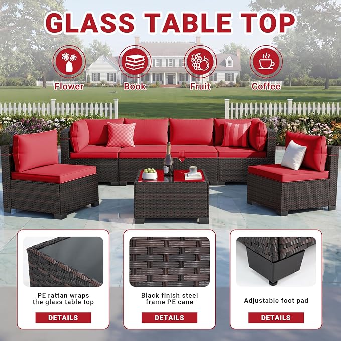 LEVELEVE 7-Piece Outdoor Patio Furniture Sets, Manual Weaving Rattan Conversation Sectional Sofa with Tempered Glass Coffee Table, All-Weather PE Wicker & Thick Cushions for Garden, Backyard, Porch
