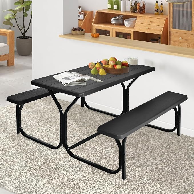 ORALNER Picnic Table, Resin Dining Table & 2 Benches Set, Weather Resistant Wood Grain Tabletop & Steel Frame, Plastic Picnic Tables for Outdoors, Porch Yard Patio Lawn Party Camping (Black)