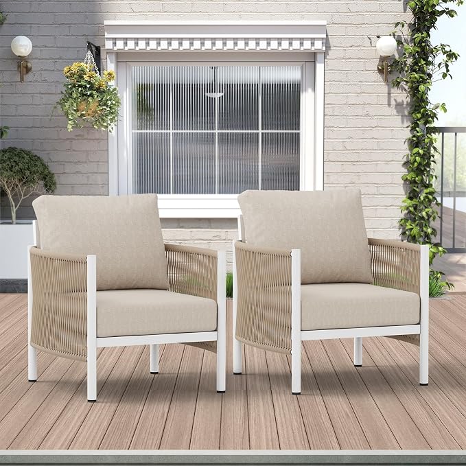 Aluminum Outdoor Sofa Armchair, HDPE Rope Patio Couch with Washable Thick Cushion, All-Weather Outdoor Patio Chairs Set of 2 for Balcony, Yard, Silver Frame, Beige