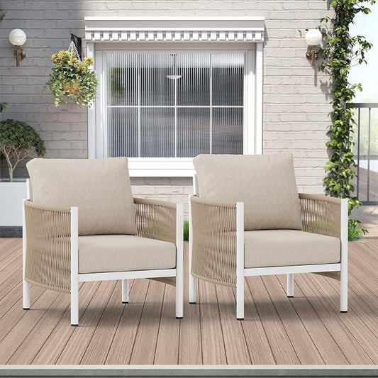 Aluminum Outdoor Sofa Armchair, HDPE Rope Patio Couch with Washable Thick Cushion, All-Weather Outdoor Patio Chairs Set of 2 for Balcony, Yard, Silver Frame, Beige