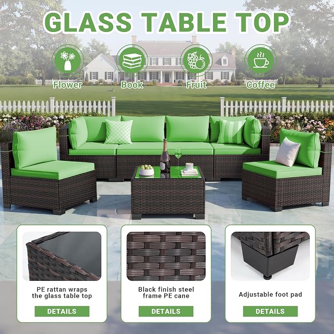 LAFWLL 7 Pieces Outdoor Patio Furniture Sets,Rattan Conversation Sectional Set,Manual Weaving Wicker Patio Sofa with Tea Table