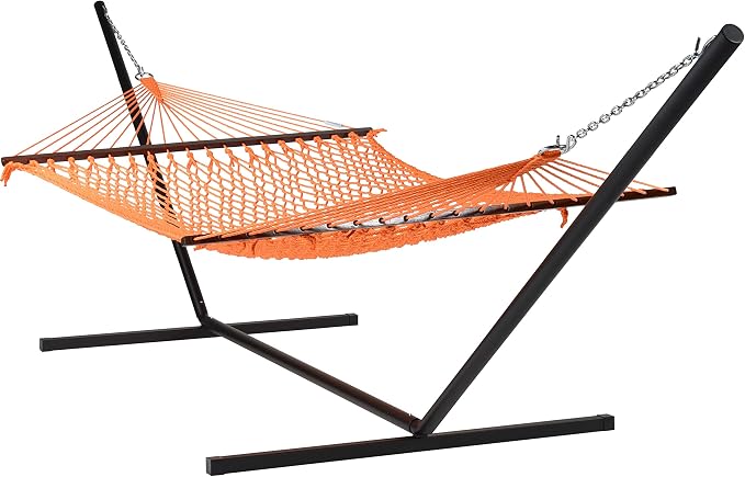 Rope Hammock and Tri Beam Stand (Orange Hammock and Black Stand)