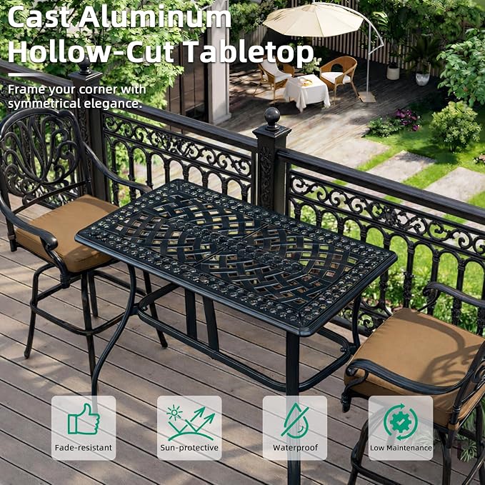 VIVIJASON Outdoor Bar Table, 42" x 24" Cast Aluminum Counter Height Table, All-Weather Patio Rectangle Pub Table with Adjustable Feet, High Top Dining Table for Backyard, Deck, Garden, Antique Bronze