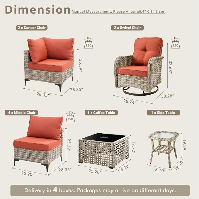 10 Pieces Patio Sectional Furniture Set, Outdoor Wicker Sectional Couch with High Back Swivel Rocker Chairs Solar Lights Table, Modern Conversation Set for Porch Balcony Backyard, Red