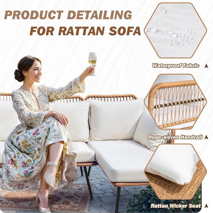 Greesum Outdoor Rope Woven Patio Furniture L-Shaped Conversation Sectional Sofa Set Detachable Lounger for Backyard Porch with Thick Cushions & Long Table, White