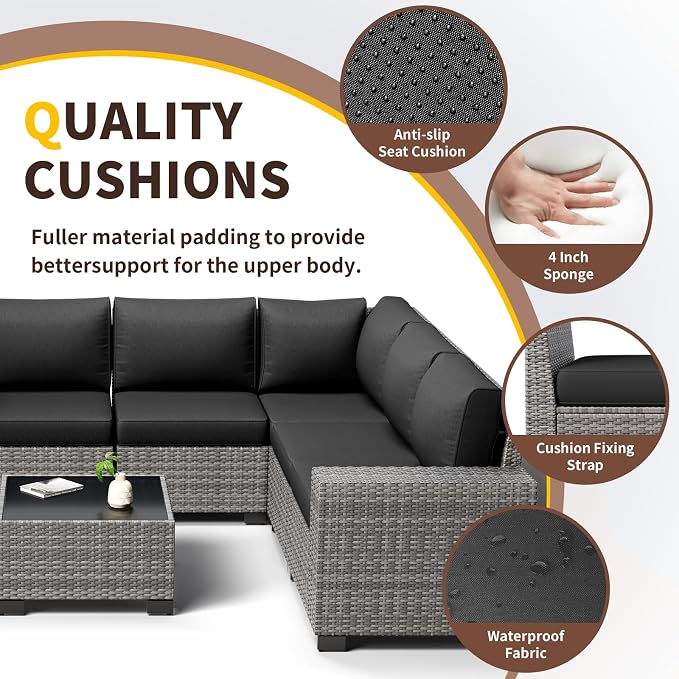 Outdoor Patio Furniture Set, 8‘’ Wide armrest Outdoor Sectional Rattan Sofa Set, Wicker Patio Furniture Sets w/Coffee Table,Thick Cushions and Cover for Porch, Balcony,Deck,8 PCS (Grey&Black)
