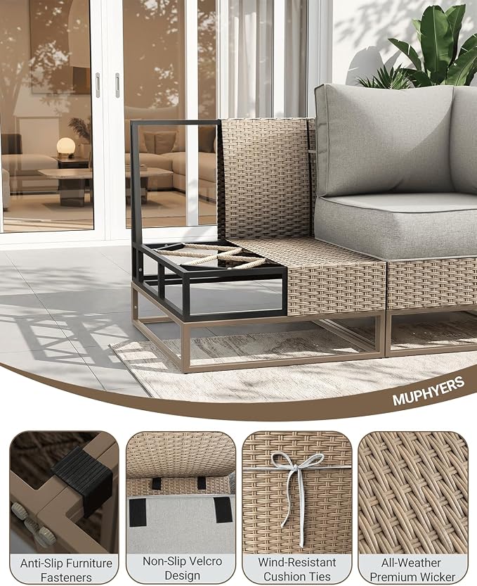 Outdoor Patio Furniture Set 6-Piece PE Rattan Wicker Outdoor Sectional Sofa with Thickened Cushions and Chunky Arms, Modern Modular L-Shaped Conversation Set for Garden, Backyard, Greige
