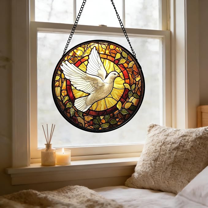DASTOLL Stained Glass Window Hanging, Flying White Dove Sun Catchers Diamond Glass Panel Hangings Cute Birds Suncatcher Decor for Birthday for Women, Men, Wife, Aunt, and Mom 6.3 in