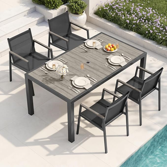 Outdoor Dining Set for 4, Aluminum Patio Table and Chairs Set, 5-Piece All Weather Patio Dining Furniture Set with Umbrella Hole for Backyard, Deck, Poolside (Gray)