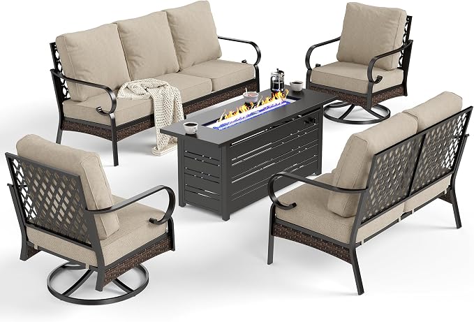 SUNSHINE VALLEY 5 Piece Metal Outdoor Patio Furniture Sets with Firepit Table, Patio Conversation Sets 1 3-Seater Sofa, 1 2-Seater Loveseat, 2 Swivel Sofa with 5.75" Cushion for Backyard Deck, Beige
