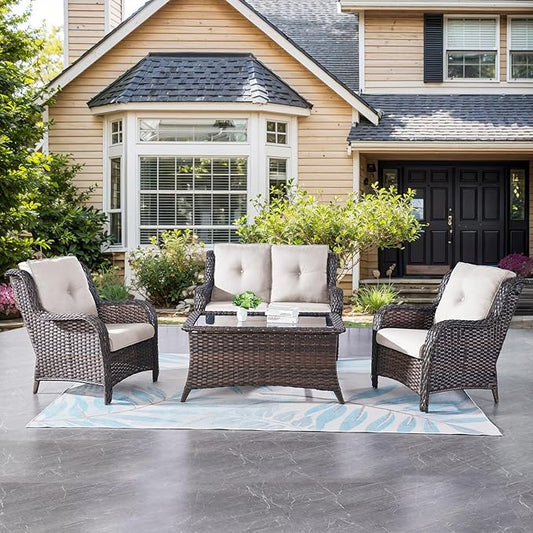 Belord Wicker Furniture 4 Pieces Outdoor Patio Furniture Set Patio Loveseat Sofa Set with Wicker Chairs and Coffee Table, Paito Conversation Set for Porch Garden Deck Balcony Poolside