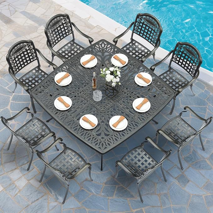 MEETWARM 9-Piece Outdoor Furniture Dining Set for 8, All Weather Cast Aluminum Patio Dining Set- Large 64" Square Table and 8 Chairs, Patio Table and Chairs Set for Garden, Umbrella Hole, Dark Bronze
