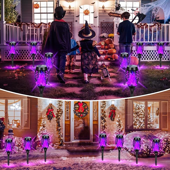 Purple Halloween Solar Lights Outdoor with Flickering Flame, 16 Pack | Halloween Decorations Solar Torch Lights, Waterproof Solar Halloween Lights Tiki Torches for Outside Patio Pathway Yard Decor