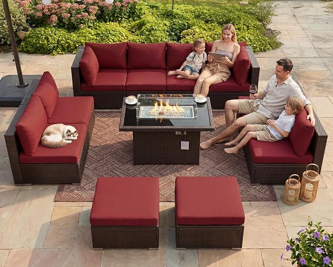 BULEXYARD 11 Piece High Back Outdoor Furniture Set with Firepit, Elegant Patio Conversation Set with Ottoman Modular, Extra Wide Deep 10-Seats Sectional Couch Sofa for Yard, Brown Rattan & Red Cushion