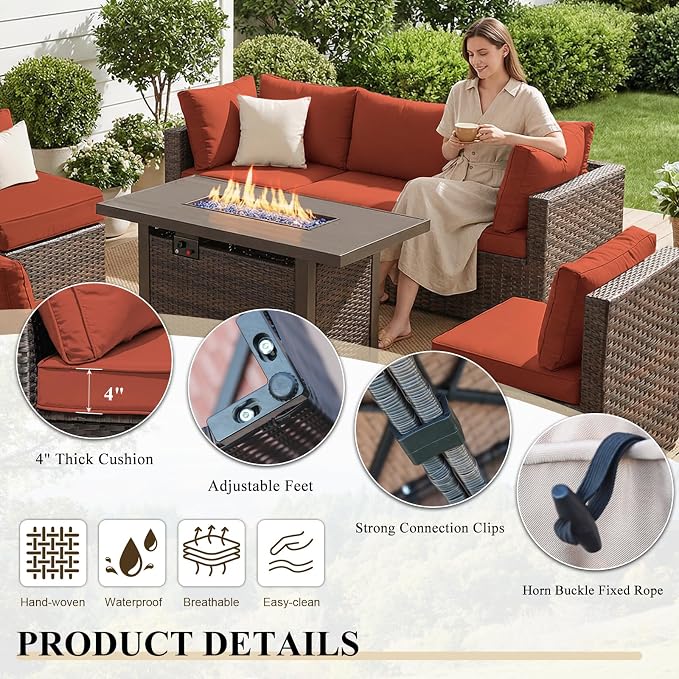 Patio Furniture Set 7 Pieces with 44" Fire Pit Table, Rattan Outdoor Sectional Conversation Sets, All Weather Outdoor Furniture Set with Cushions for Garden Lawn Balcony Porch Deck Red
