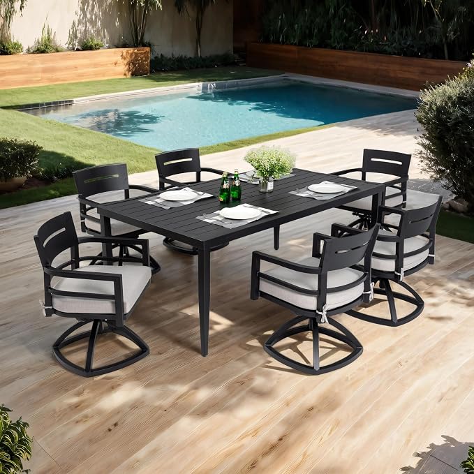 70” Patio Aluminum Dining Table, Outdoor Rectangle Dining Table with Tapered Feet & Umbrella Hole, All-Weather Modern Aluminum Table for Garden Backyard Bistro,Ember Black