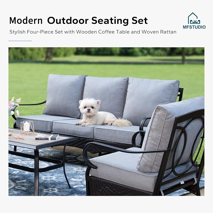 MFSTUDIO 4 Pieces Outdoor Patio Furniture Set, Metal Outdoor Conversation Set, Rattan Wicker Patio Sectional Set with 2 x Fixed Single Sofa, 3-Seat Sofa, 1 x Fire Pit Table, Grey