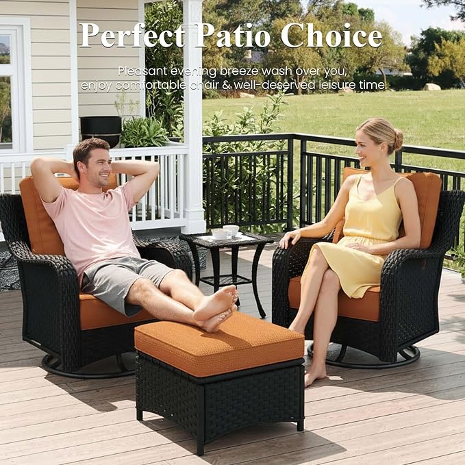LayinSun 5 Piece Wicker Outdoor Furniture Set with 6-inch Comfy Cushions, High Back Patio Furniture Set with Swivel Rocking Chairs and Side Table