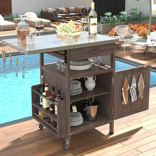 Solid Wood Outdoor Small Grill Table Kitchen Island with Stainless Steel Drop Leaf, Farmhouse Serving Cart with Drawer and Wheels, Outdoor Side Bar Table for Patio, Lawn Garden, Kitchen, Brown